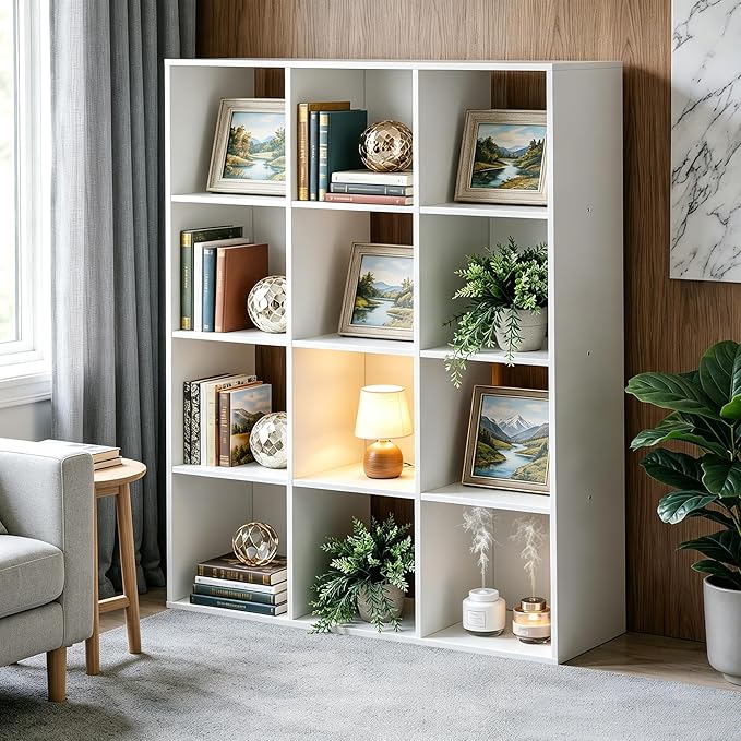 SUPER DEAL 12-Compartment Open Shelf Bookcase, 47 inch Wide Cube Storage Cabinet Wood Cubical Bookshelves Display Unit with 6 Removable Back Panels for Living Room Bedroom, White
