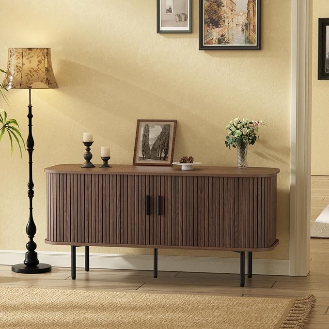 55''W Walnut Cabinet with Storage, Media Console, Tambour TV Stand, Television Stands with Curvy Edge; Sliding Door, Fluted Cabinet, Buffet Sideboard, Credenza, Table Stand for Living Room, Kitchen