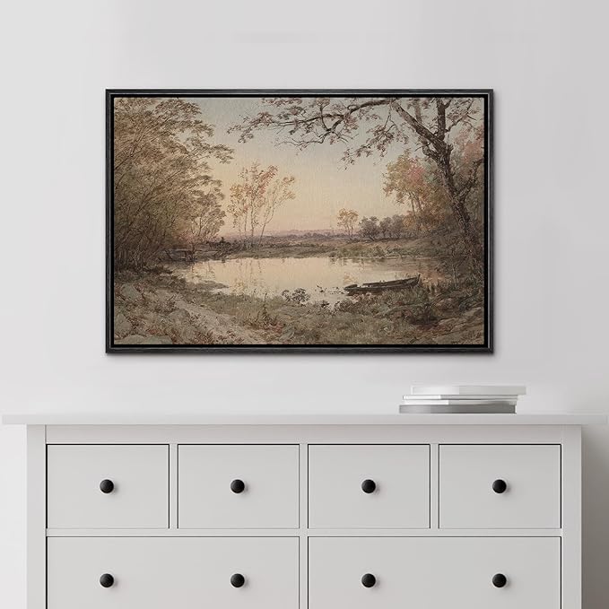 MUDECOR Framed Canvas Print Wall Art Rustic Country Farmhouse Forest Lake Nature Wilderness Antique Retro Fine Art Shapes Illustrations Decorative Colorful Multicolor for Bedroom - 16"x24" Black