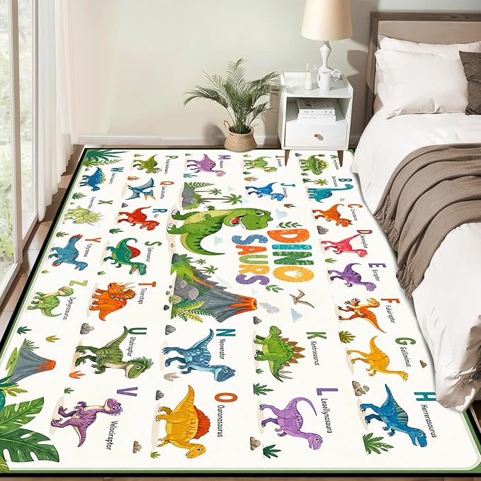 3'x5' Dinosaur Area Rug ABC Alphabet Educational Rugs for Entryway Bedroom Living Room Nursery Kitchen Playroom Home Decor Washable Cute Cartoon Dinosaur Floor Mat Carpet