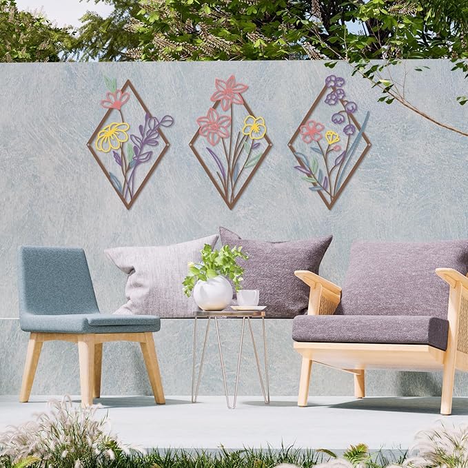 cape leadwort 3 Pcs Metal Flower Wall Decor, Minimalist Floral Wall Hanging Art, Abstract Line Floral Wall Art Sculpture for Bedroom Bathroom Living Room Kitchen Dining Room Office Hotel (Colorful)