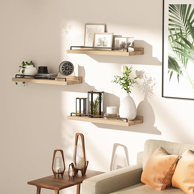 Floating Shelves for Wall Decor, Light Brown Wood Shelves for Bathroom, Living Room, Bedroom, Picture Frames, Plants, Kitchen (Set of 3)