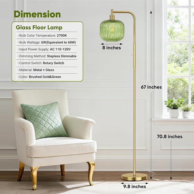 QiMH Glass Floor Lamp for Living Room, Modern Standing Lamp with Green Ribbed Glass Lampshade, Stepless Dimmable Rotary Switch, 67” Tall Lamp for Bedroom Home Decor, Brushed Gold
