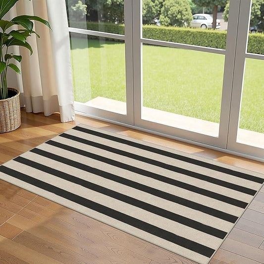 Front Door Mat Indoor Entrance - 2x4.3 Ft Black and White Washable Doormat Outdoor Entrance Porch Rug Non-Skid Runner Rug for Kitchen Hallway Bedroom Laundry Room Porch Decor
