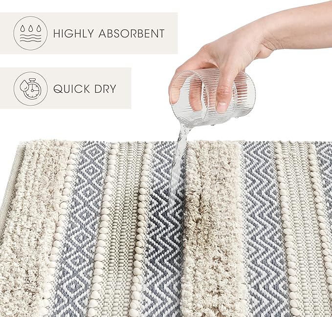 Ink+Ivy Bath Rug Hand-Woven Texture Shaggy Striped Soft & Water Absorbent, Boho Bathroom Décor Bath-Mats, Non-Slip Absorbent Quick Dry Mats for Tub, Shower Room, Asher, 20x32 Grey