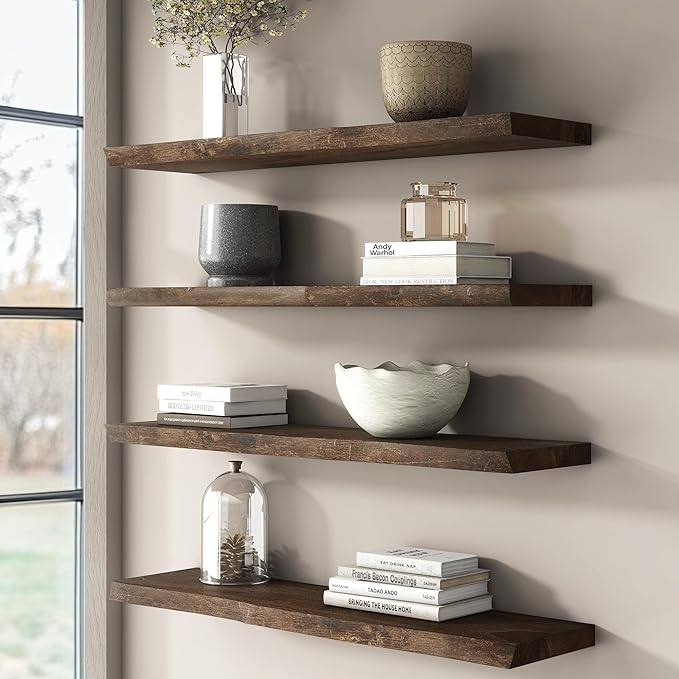 Reclaimed Elm Wood Floating Shelves for Wall, Live Edge 36"W x 9.2"D x 1.4"H, Set of 2 with Invisible Bracket, Wall Mounted Shelves for Living Room Bedroom Kitchen Bathroom Decor, Walnut Finish