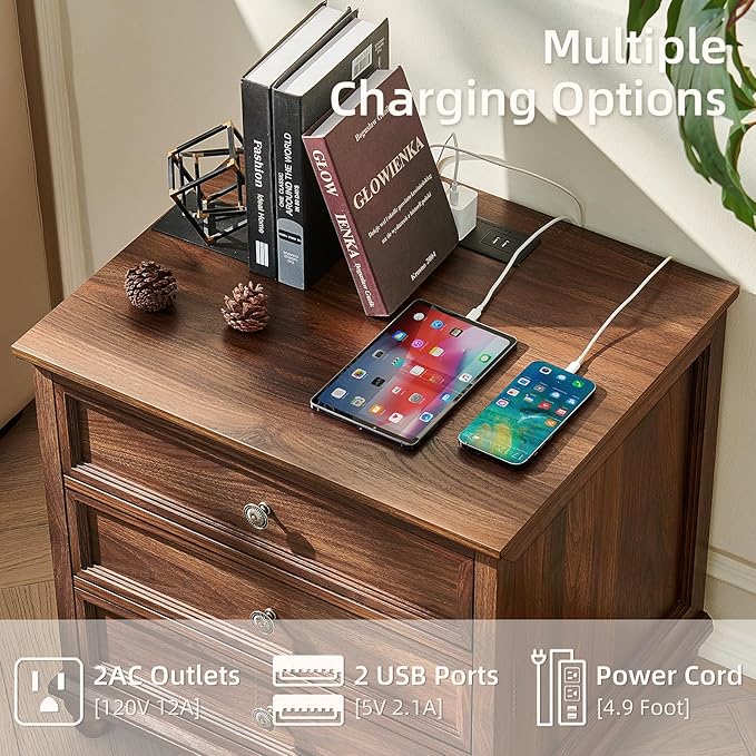 Farmhouse Nightstand with Charging Station, 24" Wide End Table with 3 Drawers,Wood Dresser Cabinet for Bedroom, Bed Side Table Chest of Drawers,Night Stand for Living Room, Closet,Brown