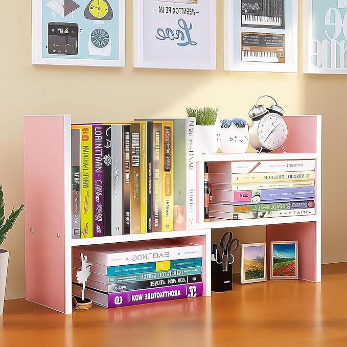 Desktop Shelf Organizer, Adjustable Wood Office Storage Rack, Counter Display Small Bookshelf for Home/Office/School(Pink)