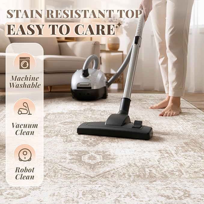 Area Rug 5x7 Vintage Rug: Washable Indoor Medallion Rugs Low Pile Distressed Floor Carpet Retro Accent Rug for Living Room Bedroom Kitchen Dining Table Home Office(Beige, 5'x7')