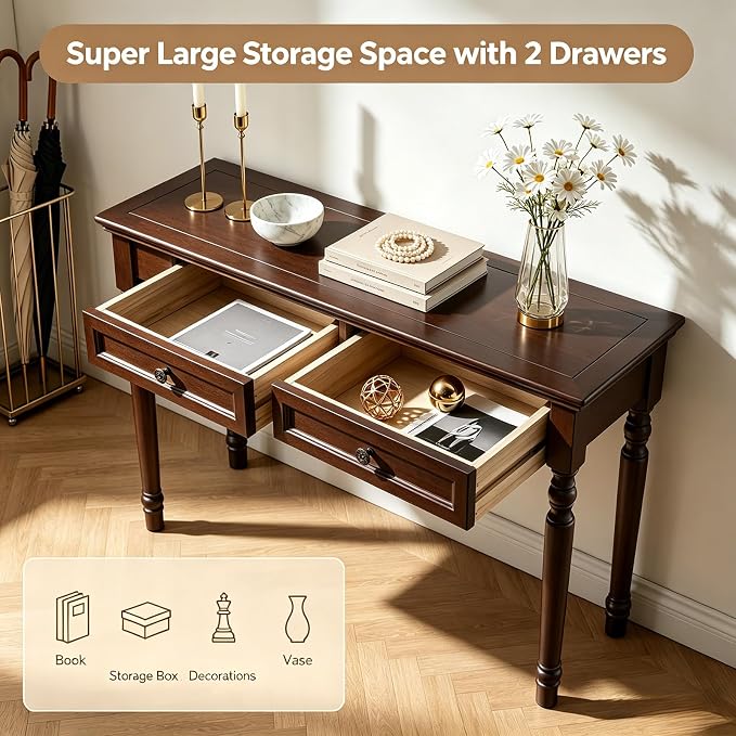 ADORZ Narrow Writing Desk with Drawers, 47 Inch French Country Solid Wood Desk for Home Office, Study Workspace or Bedroom, Walnut
