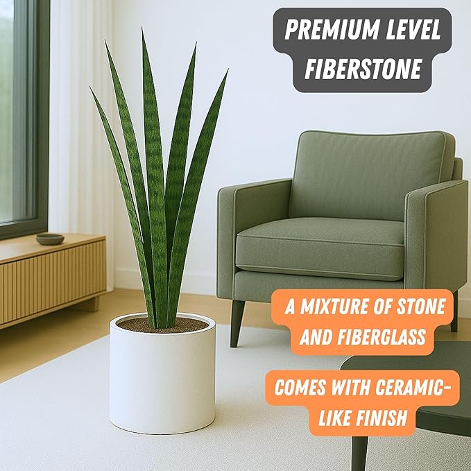 Fox & Fern Large Indoor Planter, Modern Large Plant Pot for Indoor or Outdoor, UV and Frost Resistant - 10 Inch, Fiberstone, Matte White Flower Pot with Hide Saucer, Lightweight