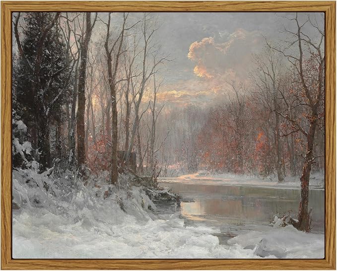 ARPEOTCY Vintage Framed Canvas Wall Art, Christmas Wall Art, Landscape Snow Stream River Tree Cloud Prints Room Decor, Farmhouse Paintings for Living Room Bedroom, 8x10in