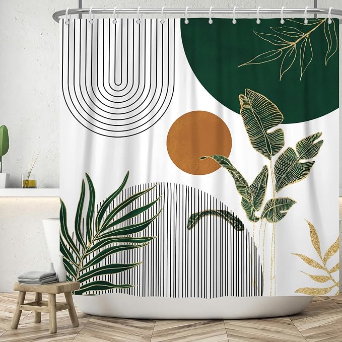 Mid Century Boho Modern Shower Curtain for Bathroom Abstract Sun Arch Geometric Leaves Minimalist Shower Curtain Set Waterproof Polyester Fabric 72x96 Inches