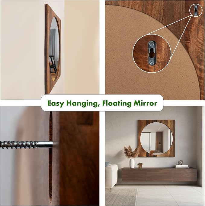 Walnut Wood Frame Round Mirror - 24" Wood Framed Mirror for Bathroom - Hallway Mirrors for Wall Entry - Mirrors for Entryway, Bedroom, Dining Room - Housewarming Gifts - Home Décor