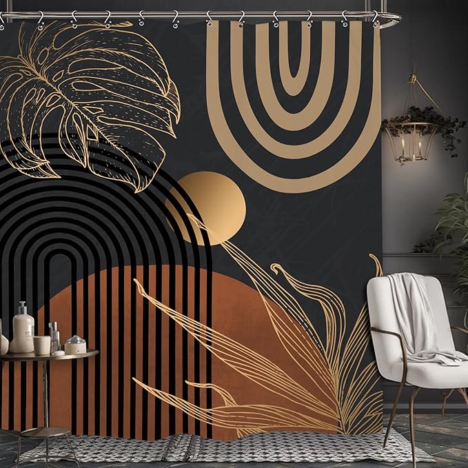 Yookeb Abstract Black Mid Century Bathroom Shower Curtain 60W by 71H Inch Minimalist Aesthetic Modern Contemporary Polyester Fabric 12 Plastic Hooks Waterproof Decor