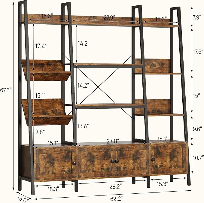 kepptory Large Ladder Bookshelf with 3 Storage Cabinets, Triple Wide 4-Tier Open Bookcase with Storage for Living Room, Bedroom, Home Office, Rustic Brown