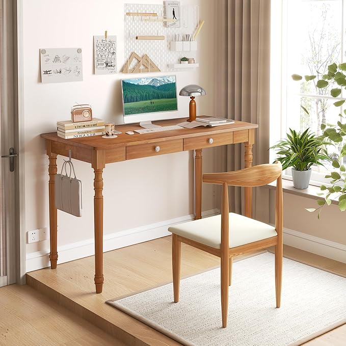 47 x 22 Inch Wooden Desk with Drawers -Simple Mid Century Modern Desk with 2 Hooks, Solid Rubber Wood Study Table for Living Room, Bedroom & Home Office, Walnut Color