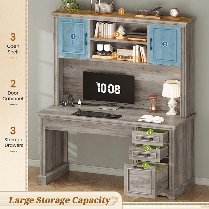 SEDETA Office Desk with 3 Drawers, 47.2" Executive Computer Desk with Storage Drawers and Hutch Cabinet, Wood Farmhouse Desk with Power Outlet for Home Office, Grey