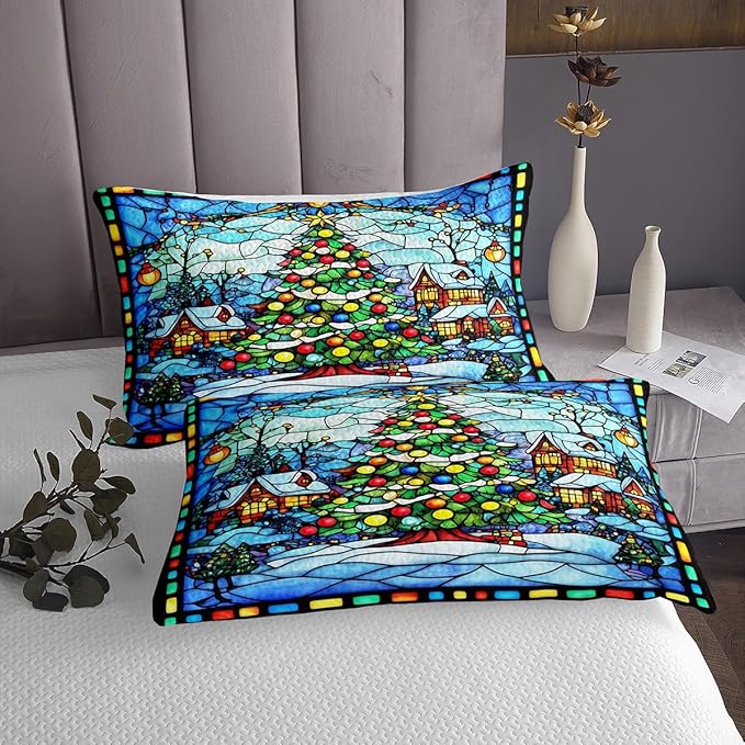 Christmas Trees Bedspread Twin Size,Merry Christmas Happy New Year Snowflake Coverlet Set,Boys Girls Room Decor,Rustic Farmhouse Cabin Pine Quilted Coverlet,Blue Xmas Bedding Quilt,1 Pillowcase