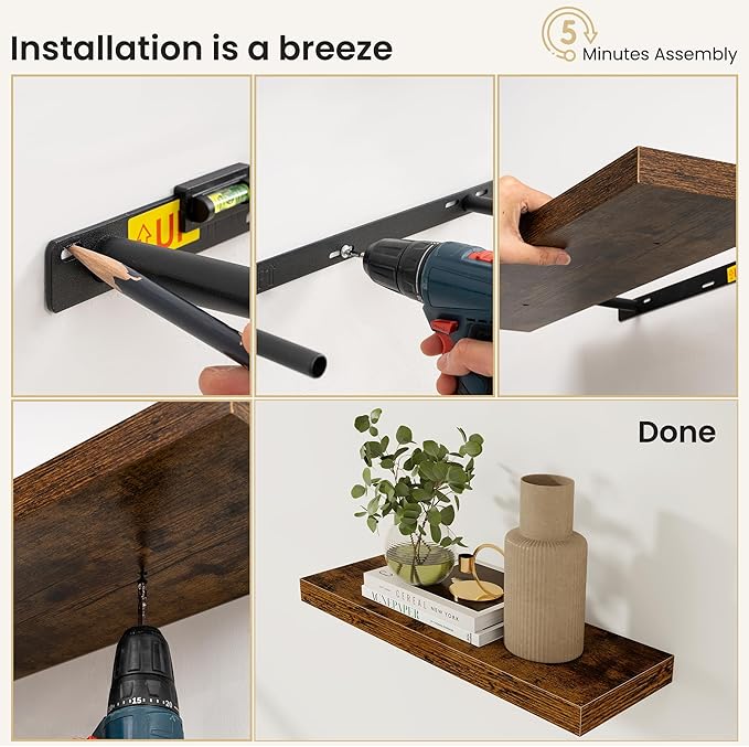 Fun Memories Floating Shelves for Wall, Rustic Wood Wall Mounted Shelves for Bathroom, Bedroom, Living Room and Kitchen, Storage & Home Decor (Set of 2, Brown, 48 in)
