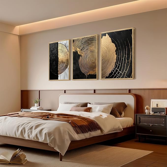 3Pcs Minimalist Abstract Black Golden Wall Art Vintage Tree Ring Wall Decor Pictures Modern Rustic Canvas Posters Prints for Living Room Office Hallway Home Decoration 16x24in Unframed