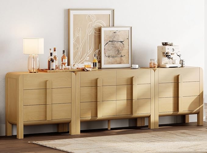 WAMPAT 110.2” W Large Sideboard Buffet Cabinet with Storage,Modern French Kitchen Buffet Cabinet with 12 Drawers,Wood Buffet Table Coffee Wine Bar Console Table for Kitchen,Dining Room,Oak