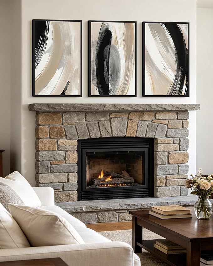 KUVIOKE Modern Abstract Framed Wall Art Black Neutral Minimalist Ink and Wash Graffiti Pastel Wall Decor for Bedroom Living Room 16x24in (Black Framed)