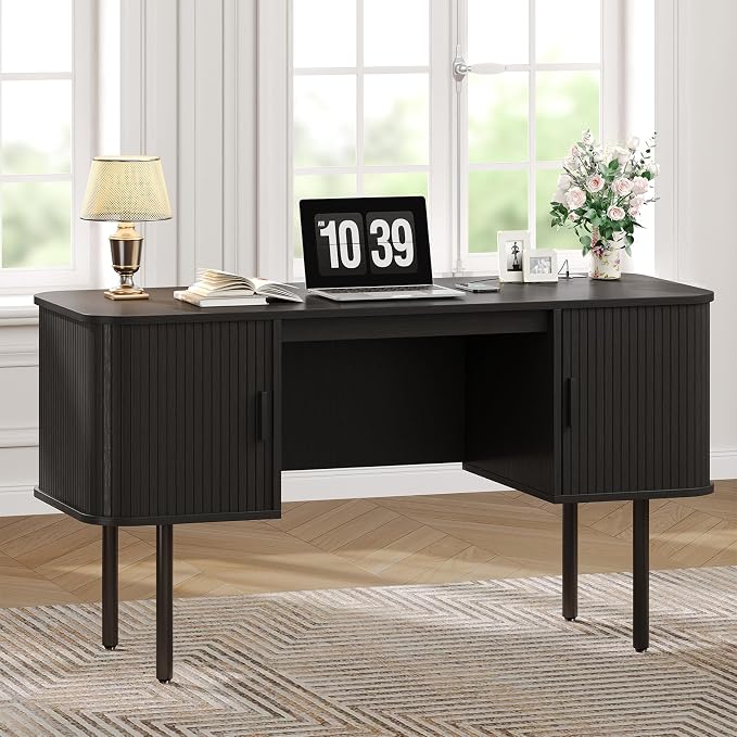 55 Inch Fluted Computer Desk with Power Outlets,Mid Century Wood Office Desk with Storge Cabinets & Sliding Door,Large Executive Desk for Office, Study, Living Room, Bedroom, Black