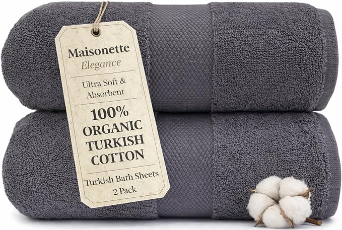 Maisonette Elegance 100% Organic Cotton Turkish Bath Sheets Soft Absorbent Oversized Bathroom Towels Ideal Quick Dry Extra Large Luxury Bath Towel Set for Shower (35" x 70", 2 Pack) Dark Grey (Stone)