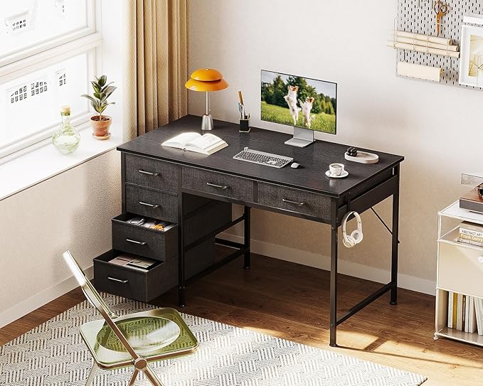 ODK Computer Desk with 6 Drawers, 40 Inch Small Desk with Storage, Reversible Desk with Headphone Hook for Home Office, Work Study Table for Bedroom, Black