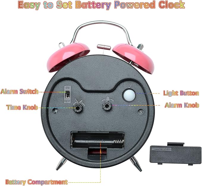 Peakeep Loud Analog Alarm Clock for Kids Learning Telling Time Teaching, 4.5" Twin Bell Alarm Clock Battery Operated for Heavy Sleepers Adults Teenagers Kids