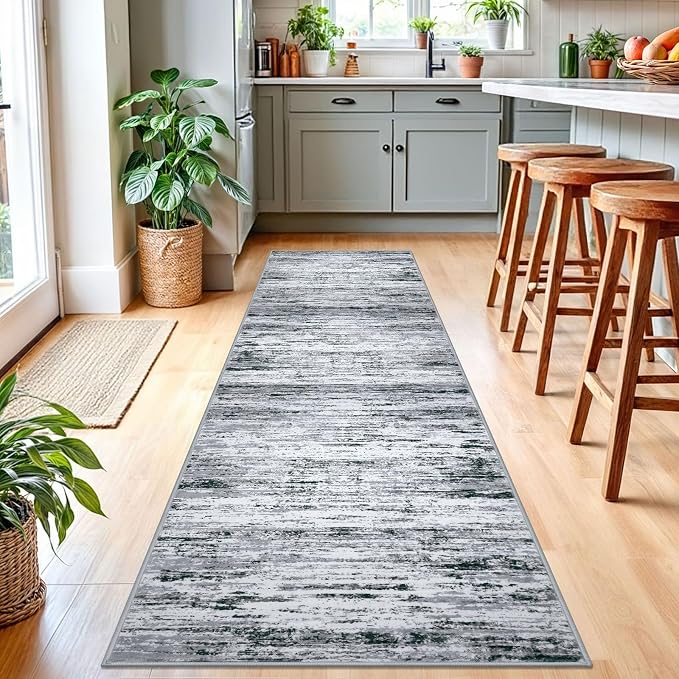 Lansny Modern Abstract Runner Rug 2.6x10, Black Grey White Washable Long Kitchen Runner Non-Slip Soft Hallway Rug Runner Thin Print Faux Wool Carpet for Entryway Bedroom Laundry Room Indoor Home Decor
