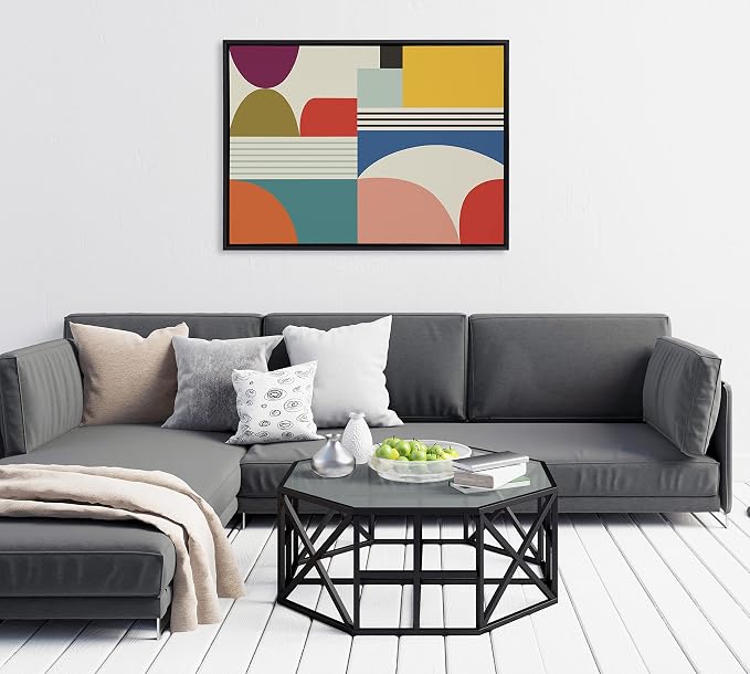Kate and Laurel Sylvie Mid Century Modern Pattern Framed Canvas Wall Art by Rachel Lee of My Dream Wall, 28x38 Black, Colorful Abstract Art Print for Wall