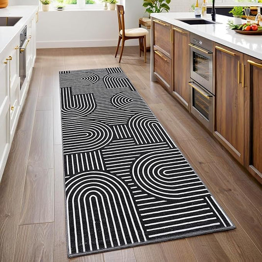 Modern Rug 2x6 Runners for Hallways, Abstract Kitchen Runner Rugs Non Slip Bath Runner, Rainbow Washable Runner Rug for Bedroom, Soft Long Rugs for Entryway Bathroom Laundry Dorm, Black