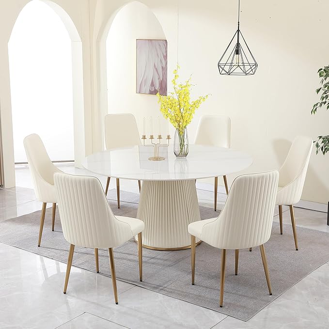 Montary 7 Piece Dining Table Set, Modern Dining Room Table Set of 6, White 53" D Faux Marble Dining Table, Sintered Stone Round Table with 6 Dining Chairs, for Dining Room Kitchen
