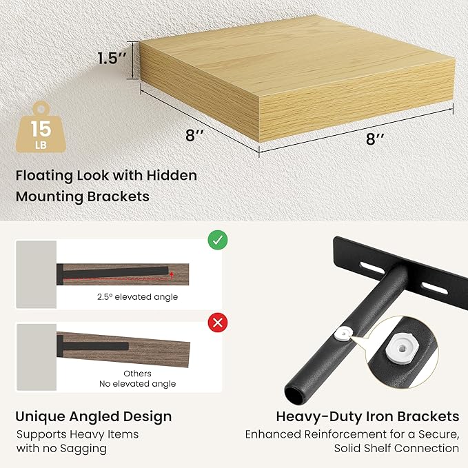 Fun Memories Rustic Wood Floating Shelves for Wall, Space-Saving Wall Mounted Shelves for Bathroom, Bedroom, Living Room and Kitchen, Stylish Storage & Display (Set of 4, Oak, 8 in)