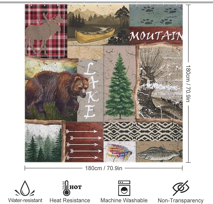 Retro Rustic Bear Shower Curtains, Vintage Deer Farmhouse Forest Cabin Lodge Woodland Adventure Cottage Country Waterproof Shower Curtains for Bathroom Decor 12 Pack Hooks 72x72in (183x183cm