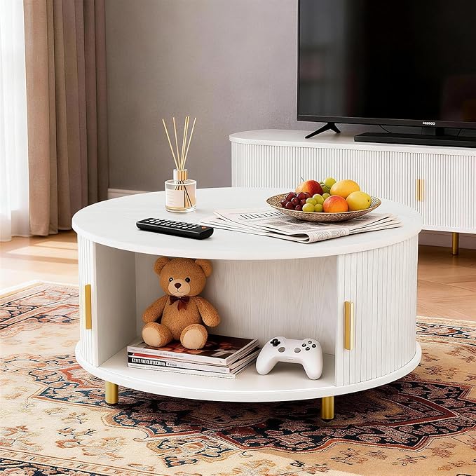 DHH Round Coffee Table, 31.5" Mid Century Modern Coffee Table with 360° Sliding Tambour Door, Fluted Accent Coffee Table with Storage Adjustable Footpads for Living Room (White)