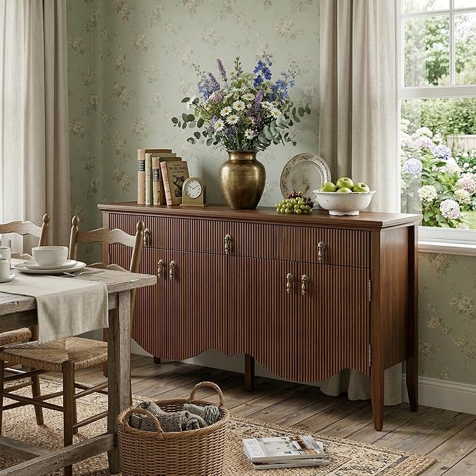 FUSUNBAO 57-Inch Sideboard Buffet Cabinet with 3 Drawers and 4 Doors, Vintage Fluted Sideboard with Scalloped Base, Vintage Storage Cabinet for Dining Room, Organic Modern Accent Cabinet, Walnut