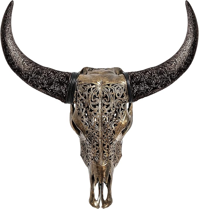 Skull Bliss - Hand-Carved Real Authentic Taxidermy Cow Skull/Bull Skull Wall Decor with Horns/Real Animal Cow Skull Wall Decor (Hand-Carved Horns)