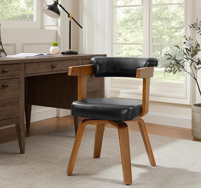 Art Leon Home Office Desk Chair - Mid Century Modern Chair, Faux Leather Office Chair No Wheels, Comfy Accent Arm Chair with Wood Legs for Small Spaces Living Room Bedroom Study, Black/Walnut
