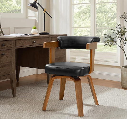 Art Leon Home Office Desk Chair - Mid Century Modern Chair, Faux Leather Office Chair No Wheels, Comfy Accent Arm Chair with Wood Legs for Small Spaces Living Room Bedroom Study, Black/Walnut