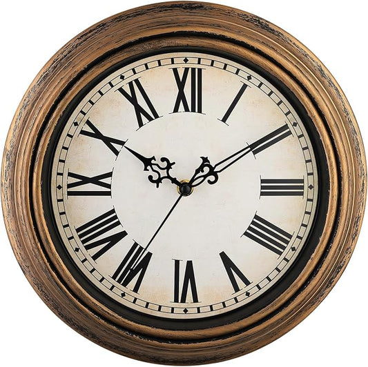 Plumeet Extra Large Retro Wall Clock, 16'' Non Ticking Classic Silent Vintage Wall Clocks Decorative Kitchen Living Room Bedroom, Roman Numerals, Battery Operated