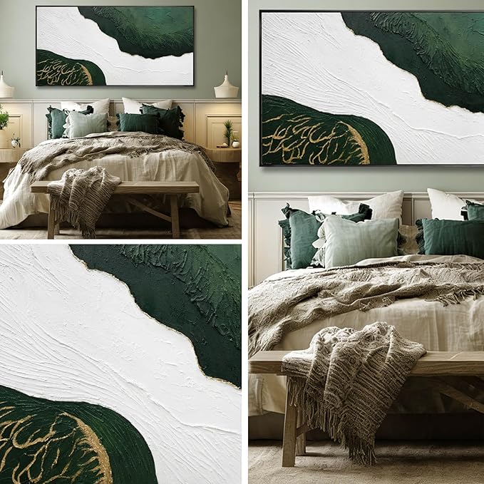 Abstract Canvas Paintings Line Framed Wall Decor Green and White Hanging Art 24"x48" Artwork for Bedroom Kitchen Office