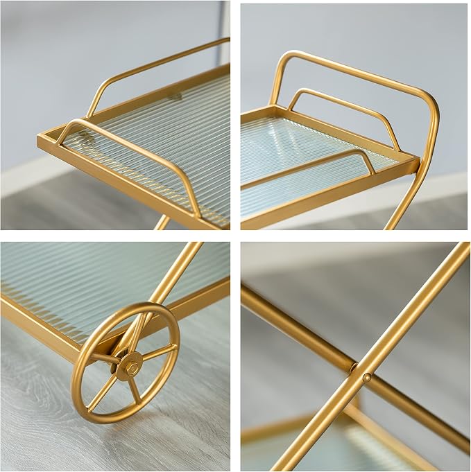 Vintiquewise Gold Metal Bar Cart with Wheels & Handles, Vintage Rolling Liquor Cart, Glass Shelves, Portable Mini Bar for Home, Dining, Living Room, Entryway, Modern Bar Cart