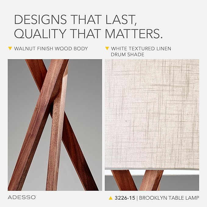 Adesso Table Lamp with Walnut Tripod Base and White Linen Lampshade – Bedside Table, Home Office Lighting or Living Room Décor, 29.5” x 15”