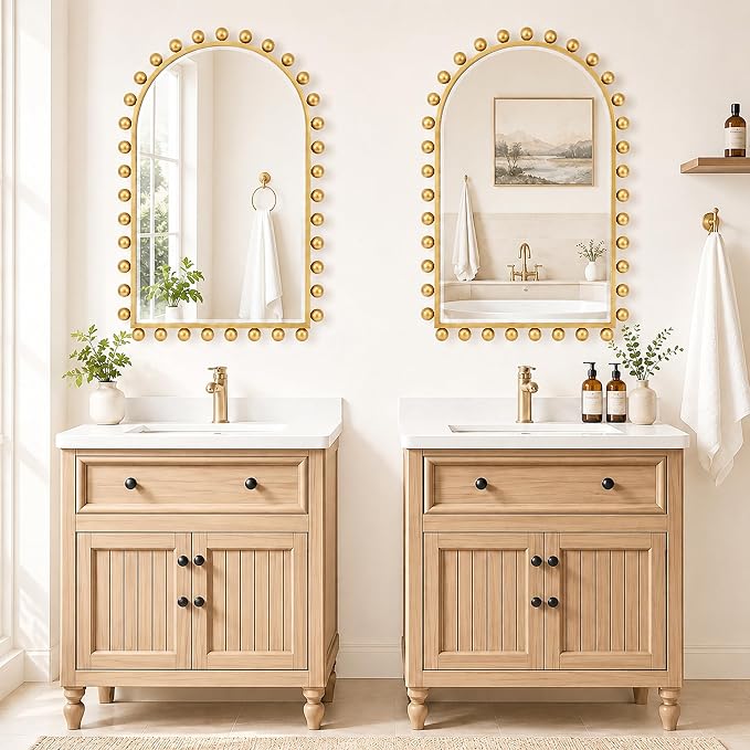 24x36 Inch Arched Wall Mirror with Antique Gold Ball Frame, Beveled Arched Decorative Wall Mirror, Vintage Gold Accent Mirror for Living Room, Entryway, Bedroom, Hallway & Over Console Decor