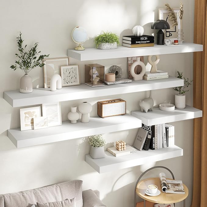 Marsmiles 12" Deep Floating Shelves for Wall with Invisible Brackets, Wall Mounted Engineered Wood Shelves with Wood Grain for Living Room, Bedroom, Kitchen Decor and Storage, 55" L Set of 1, White