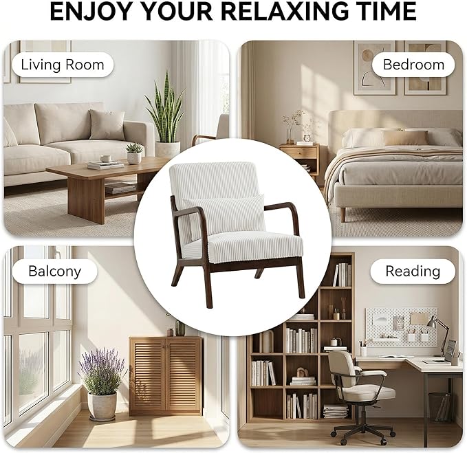 Mid Century Modern Accent Chair, Upholstered Corduroy Armchair with Lumbar Pillow, Solid Rubberwood Frame for Living Room, Bedroom, Waiting Room, White