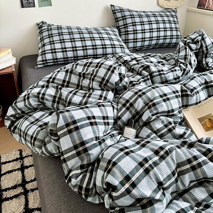 mixinni Vintage Grey & Pale Blue Buffalo Plaid Duvet Cover Set Twin Size - 3 Piece Washed Cotton Bedding Set with Grid Pattern, Soft & Breathable Duvet Cover with Pillowcases for Boys, Men& Women